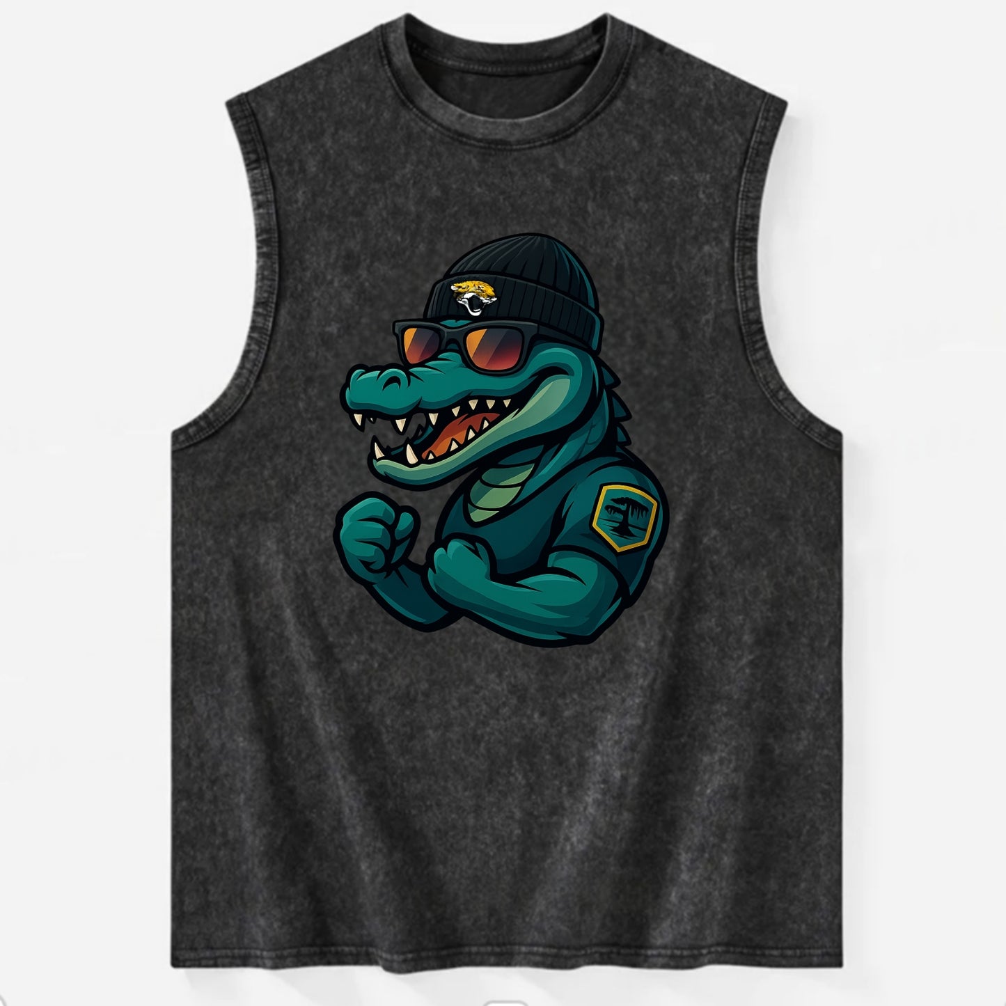 Jacksonville Alligator wearing Jaguars beanie with swamp patch and wayfarer - Vintage Washed Tank - Black