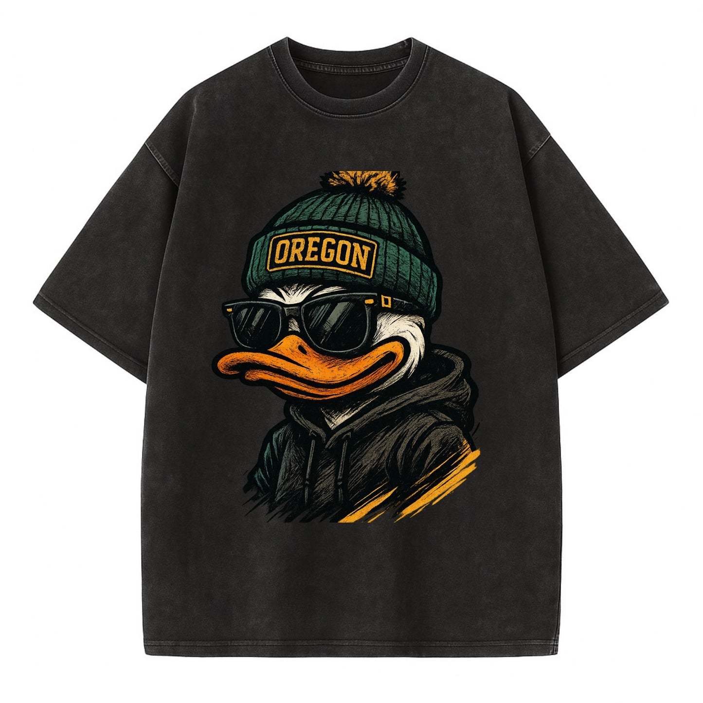 Eugene Duck wearing Oregon beanie with O patch - Vintage T-shirt - Black