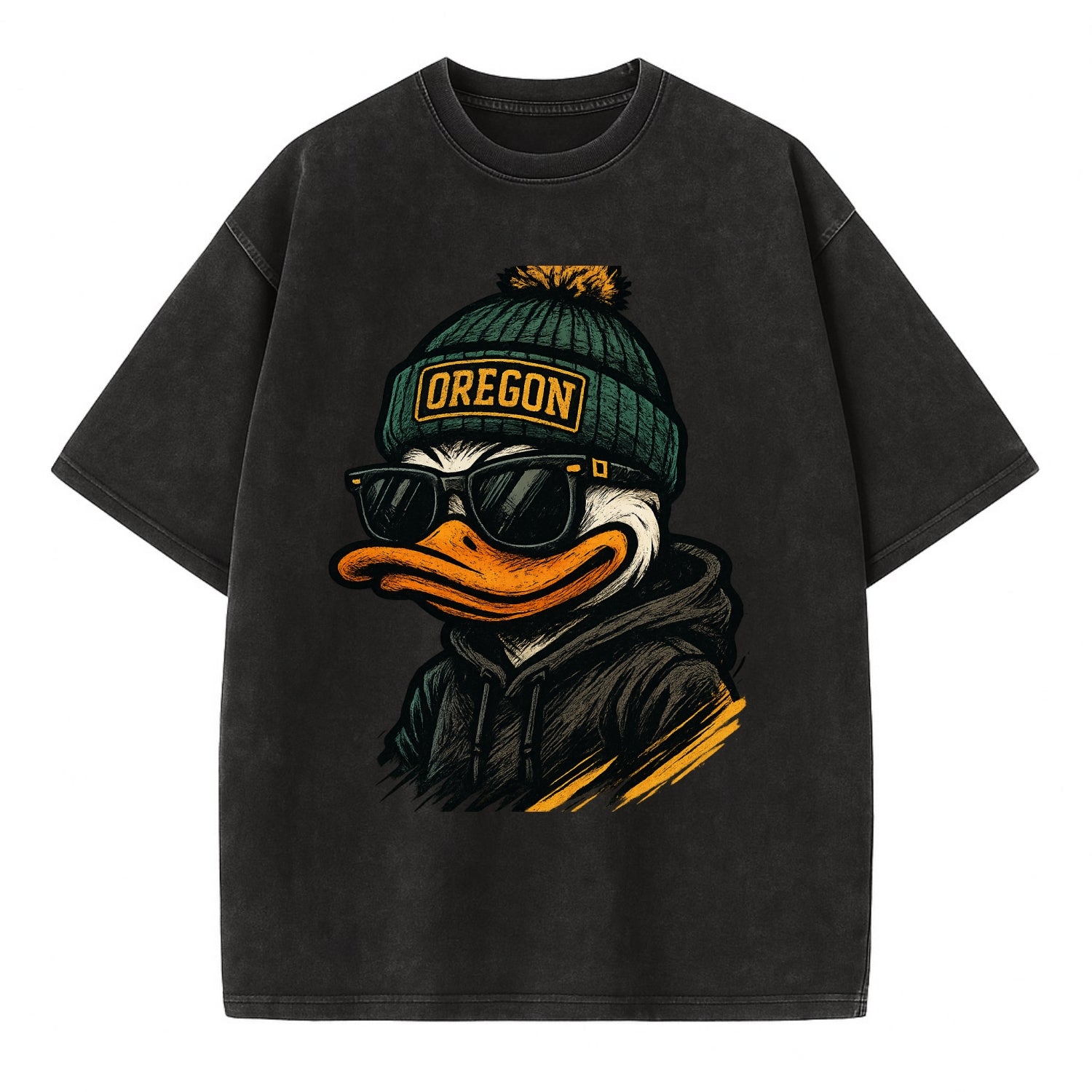 Eugene Duck wearing Oregon beanie with O patch - Vintage T-shirt - Black
