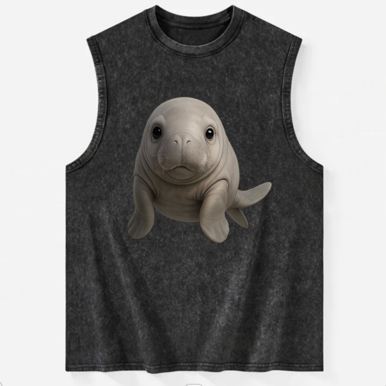 Baby Dugong - gray with paddle tail, gentle expression, whiskers, - Vintage Washed Tank - Black