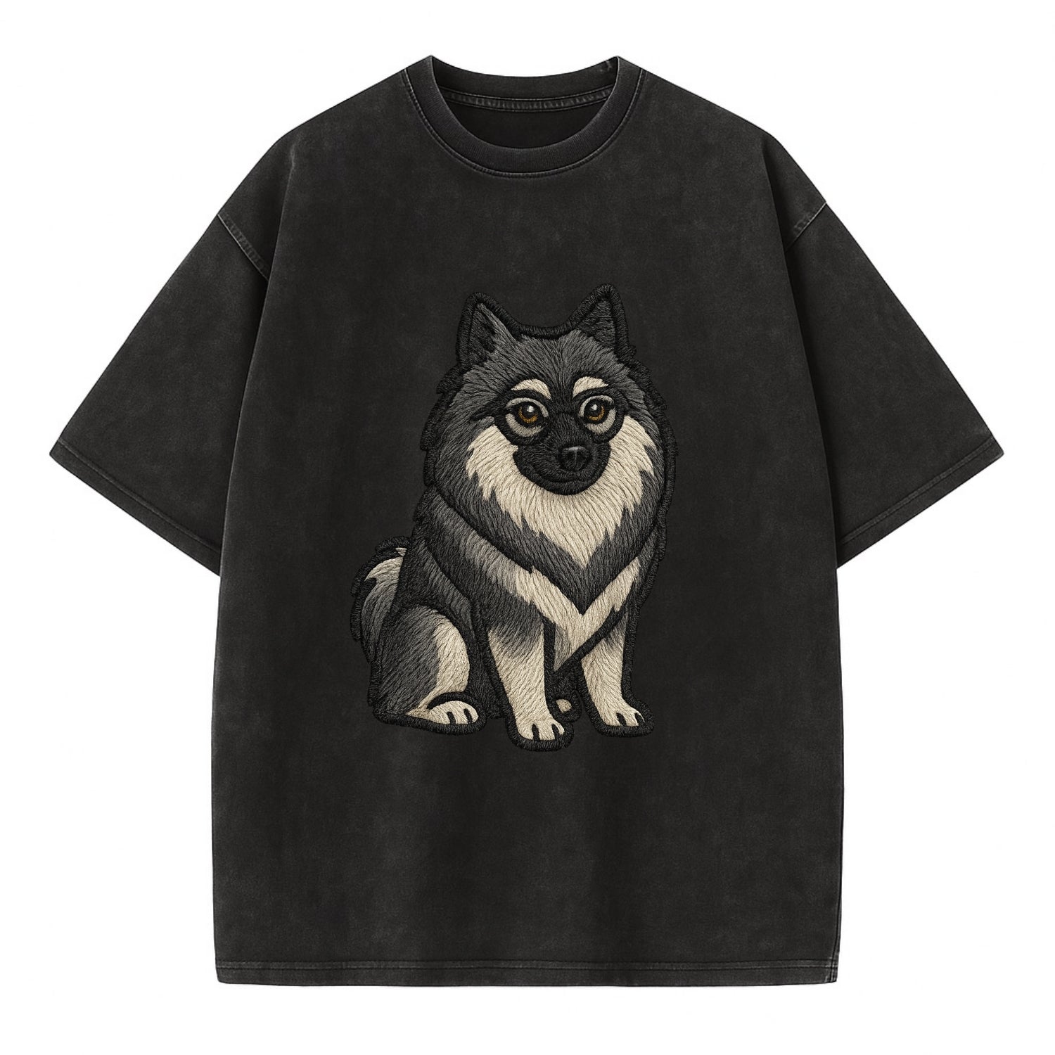 Keeshond - Gray and black spectacles embroidered design - Vintage T-shirt - Black