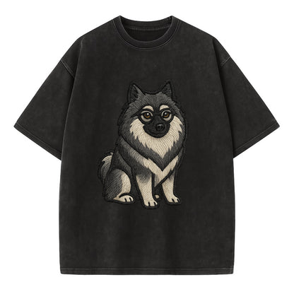 Keeshond - Gray and black spectacles embroidered design - Vintage T-shirt - Black