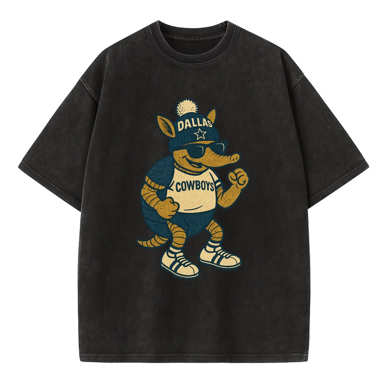 Dallas Armadillo wearing Cowboys beanie with lone star patch and wayfarer - Vintage T-shirt - Black
