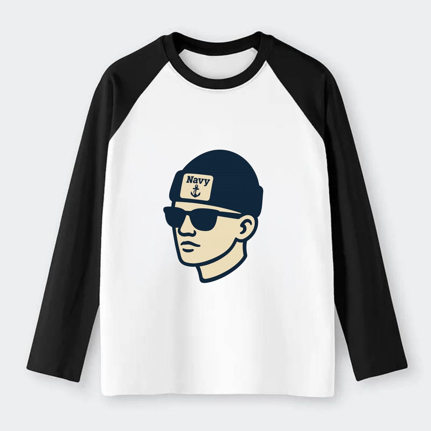Annapolis Midshipman wearing Navy beanie with anchor patch - Raglan Long Sleeve T-Shirt - Black