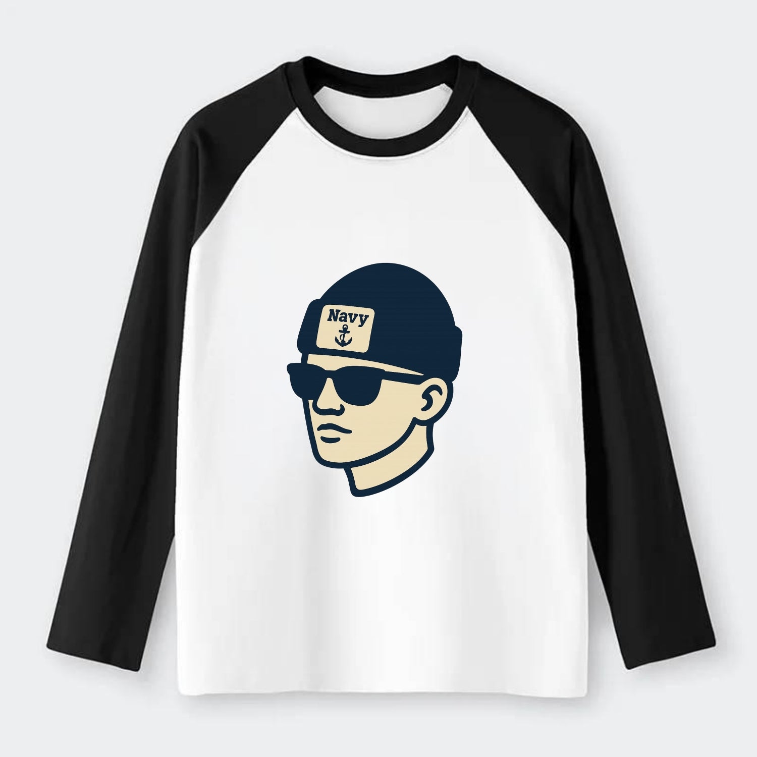 Annapolis Midshipman wearing Navy beanie with anchor patch - Raglan Long Sleeve T-Shirt - Black