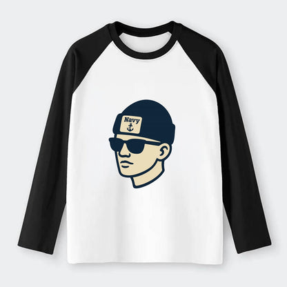 Annapolis Midshipman wearing Navy beanie with anchor patch - Raglan Long Sleeve T-Shirt - Black