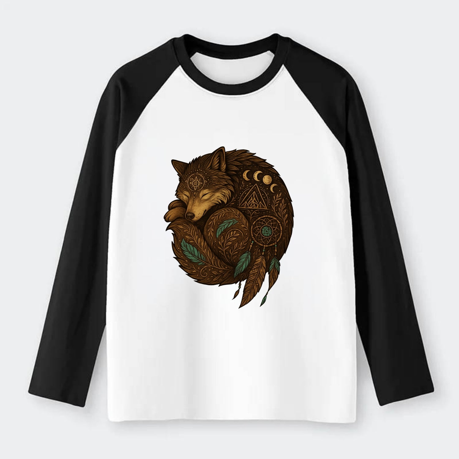 Sleeping Wolf Peace  - Raglan Long Sleeve T-Shirt - Black