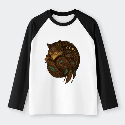 Sleeping Wolf Peace  - Raglan Long Sleeve T-Shirt - Black