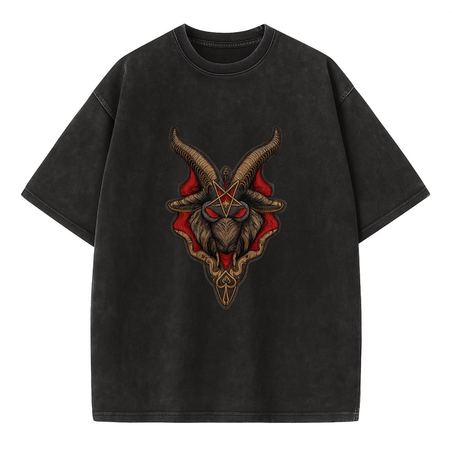 BAPHOMET HEAD - goat head symbol in black and red , occult - Vintage T-shirt - Black