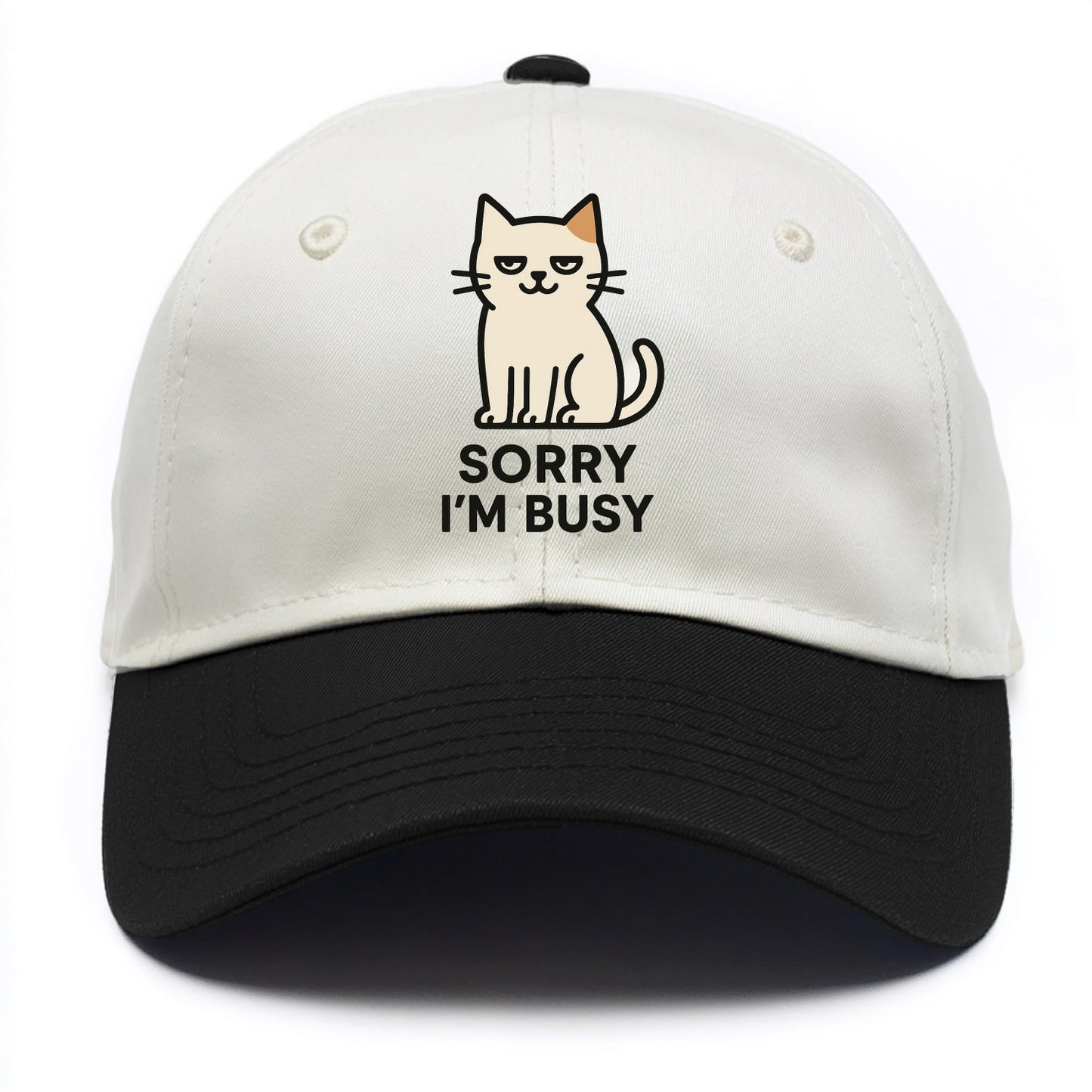 Cat sitting alone looking content - "SORRY I'M BUSY" - not sorry at all - Two Tone Cap - Black