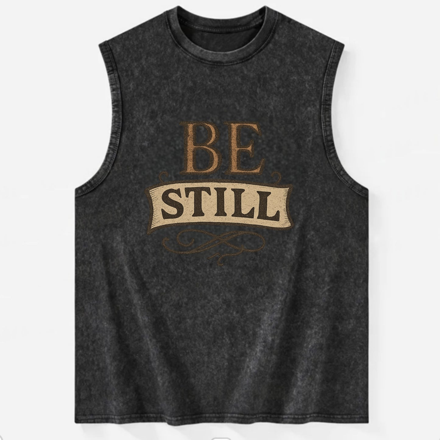 Bold typography design - "BE STILL" - quiet mind, meditation, inner peace - Vintage Washed Tank - Black