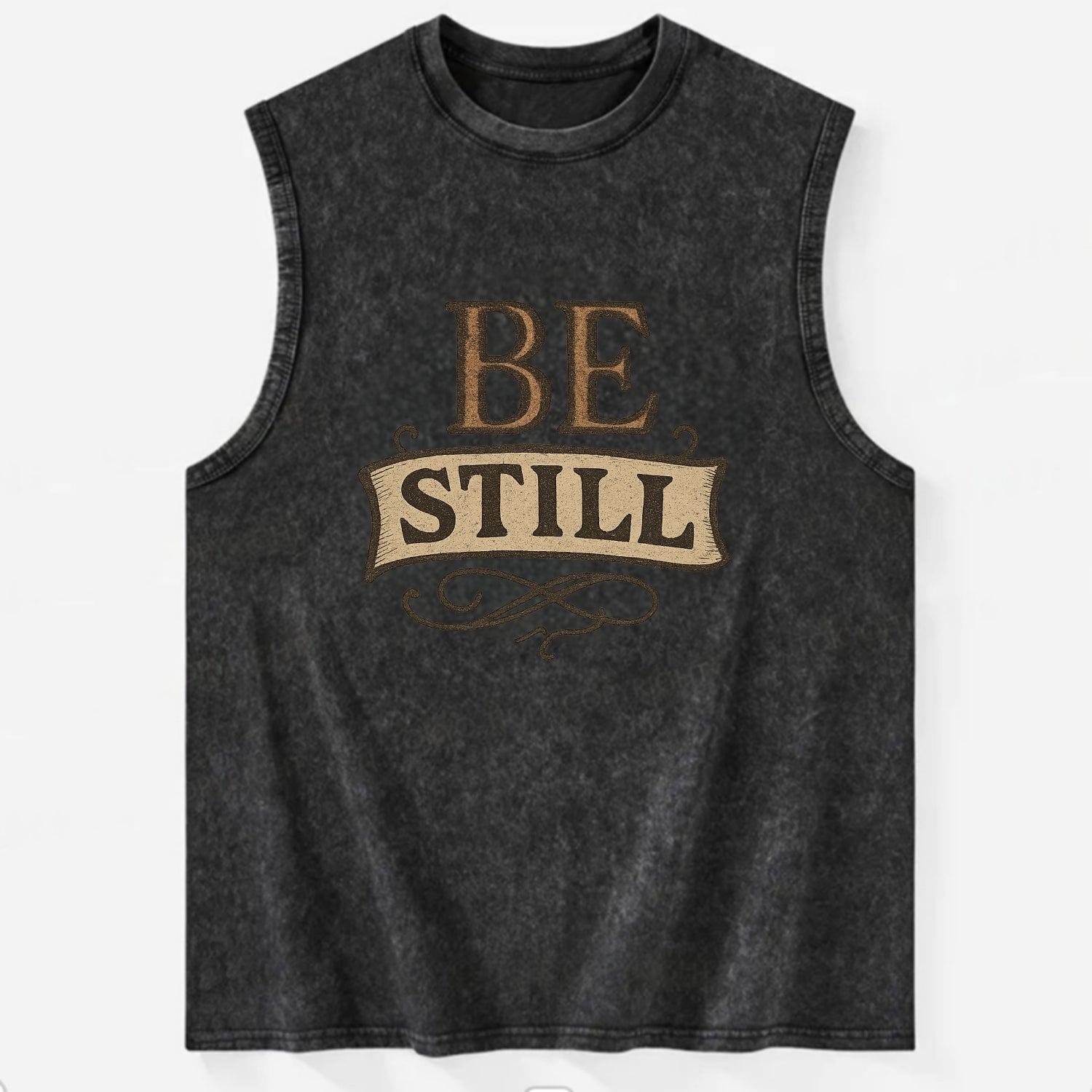 Bold typography design - "BE STILL" - quiet mind, meditation, inner peace - Vintage Washed Tank - Black