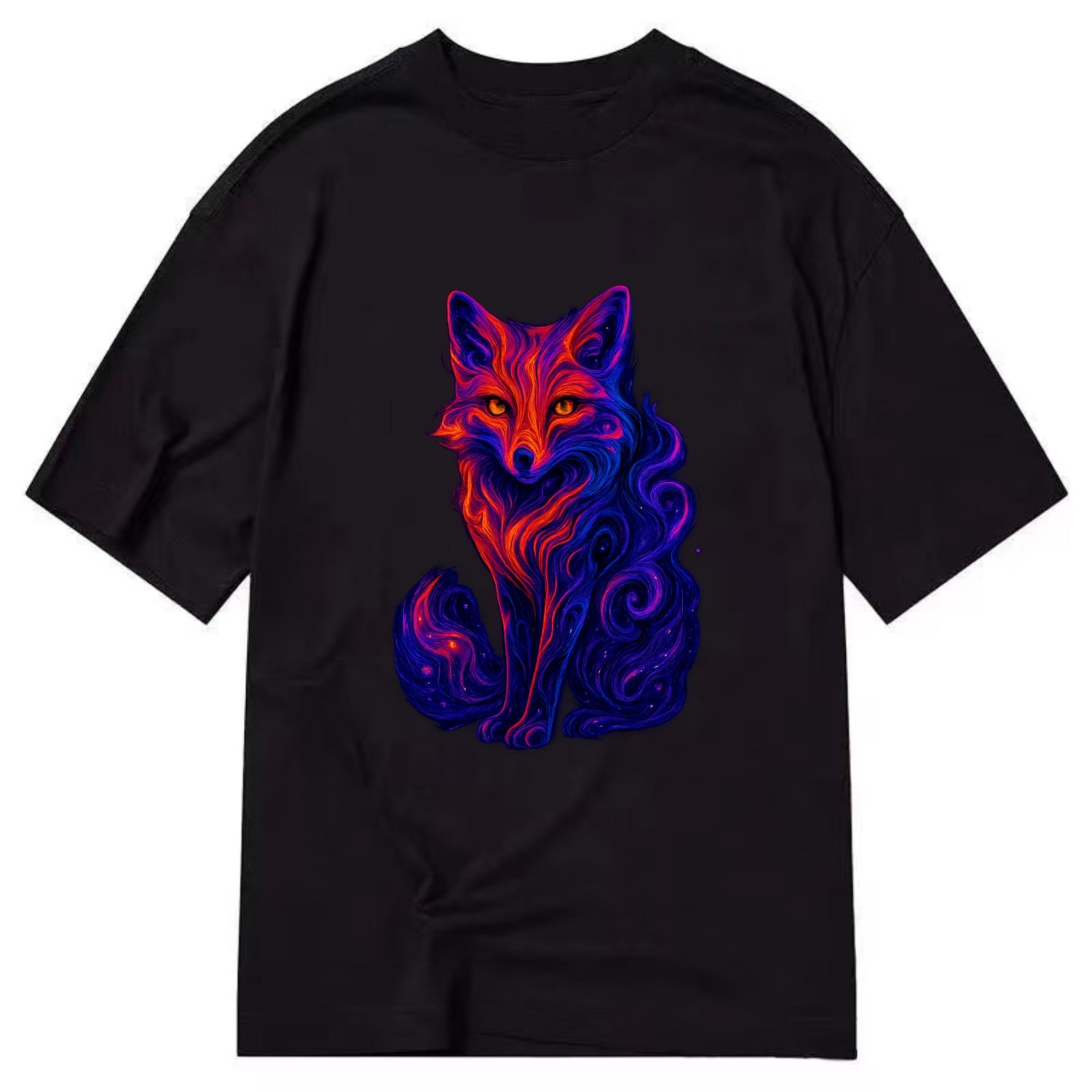 Clever fox with tail dissolving into cosmic nebula swirls, orange to purple - Classic T-shirt - Black
