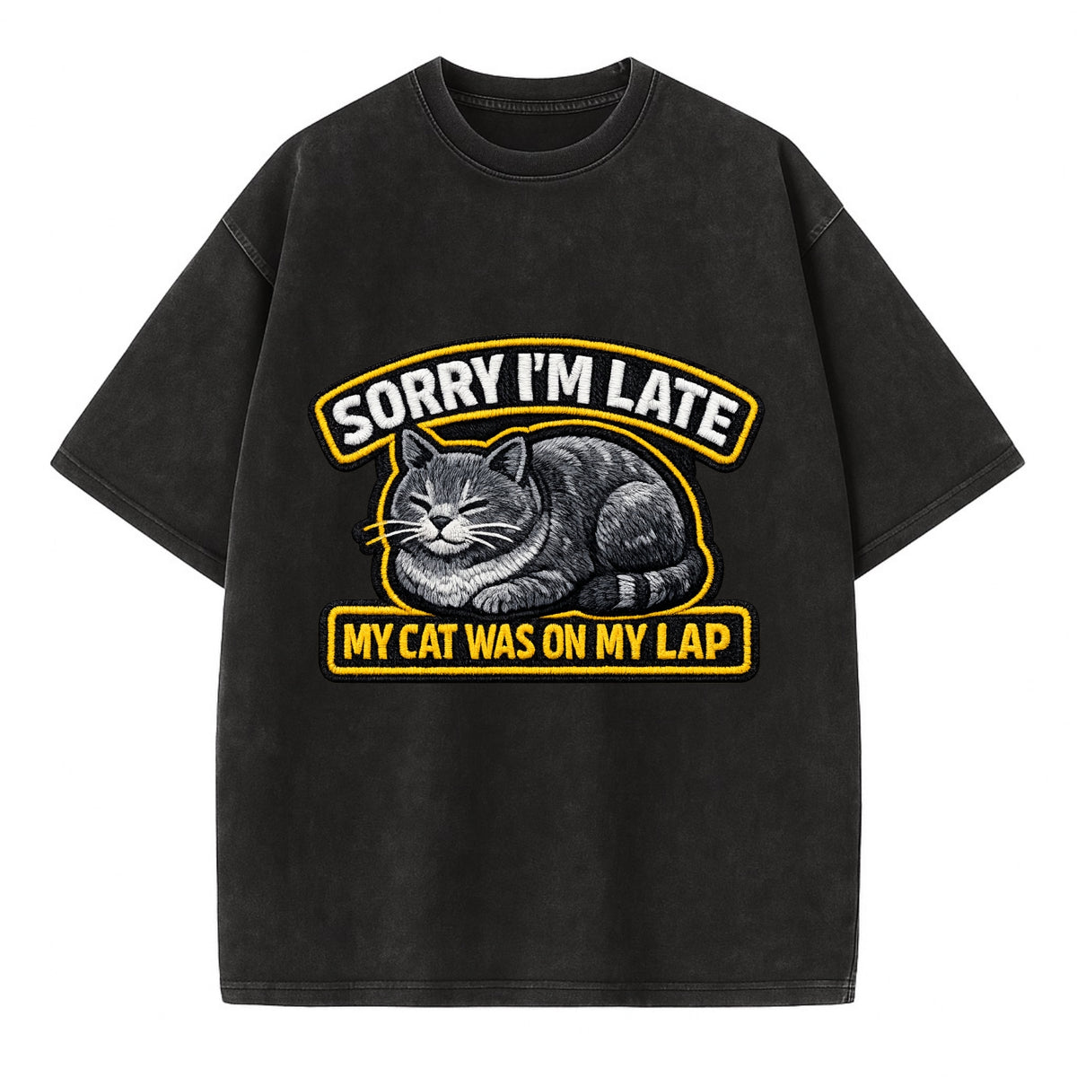 SORRY IM LATE MY CAT WAS ON MY LAP - cat loaf in gray , valid excuse - Vintage T-shirt - Black