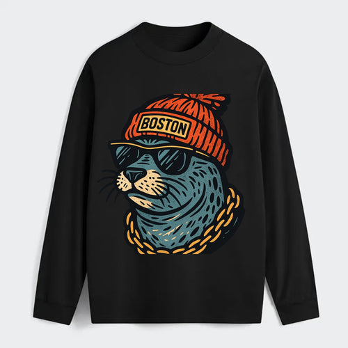 Boston Harbor Seal wearing Boston beanie with pom pom and wayfarer - Classic Long Sleeve Shirt