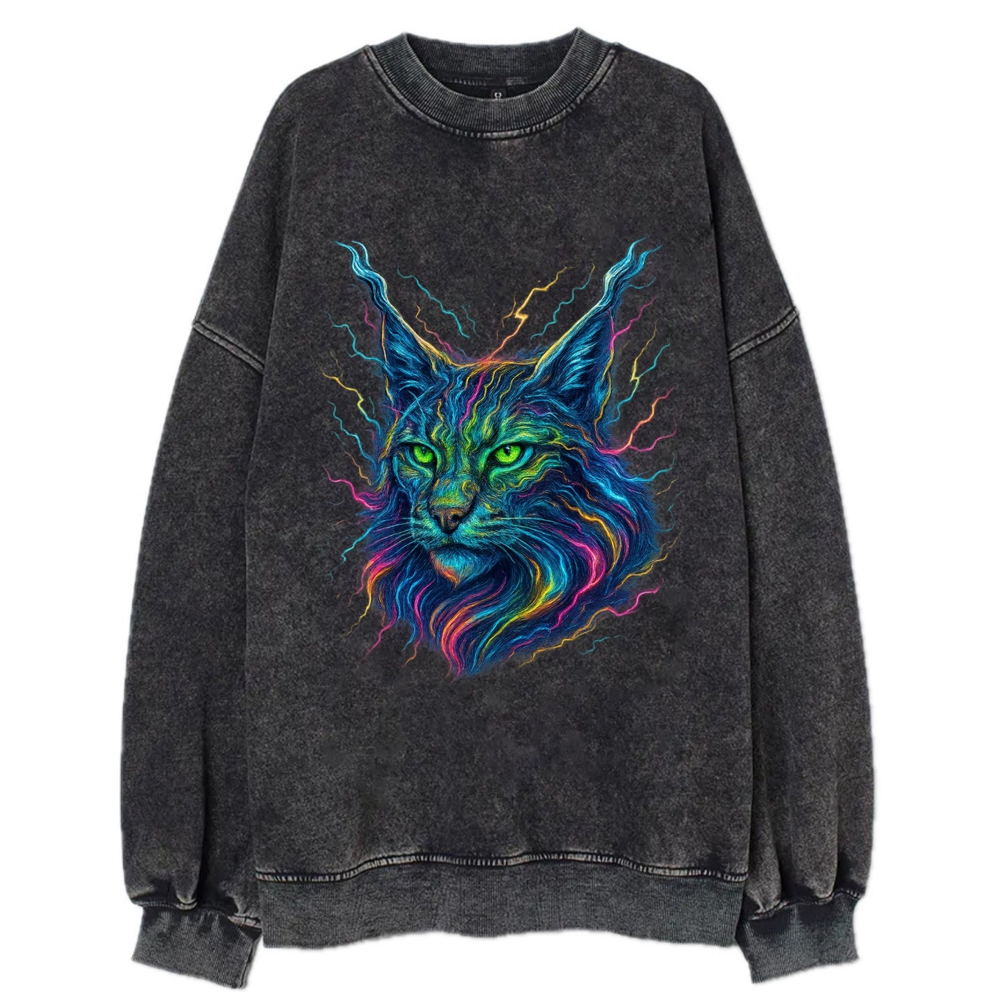 Wild lynx with ear tufts transforming into liquid mercury flows, silver and - Vintage Sweatshirt - Black