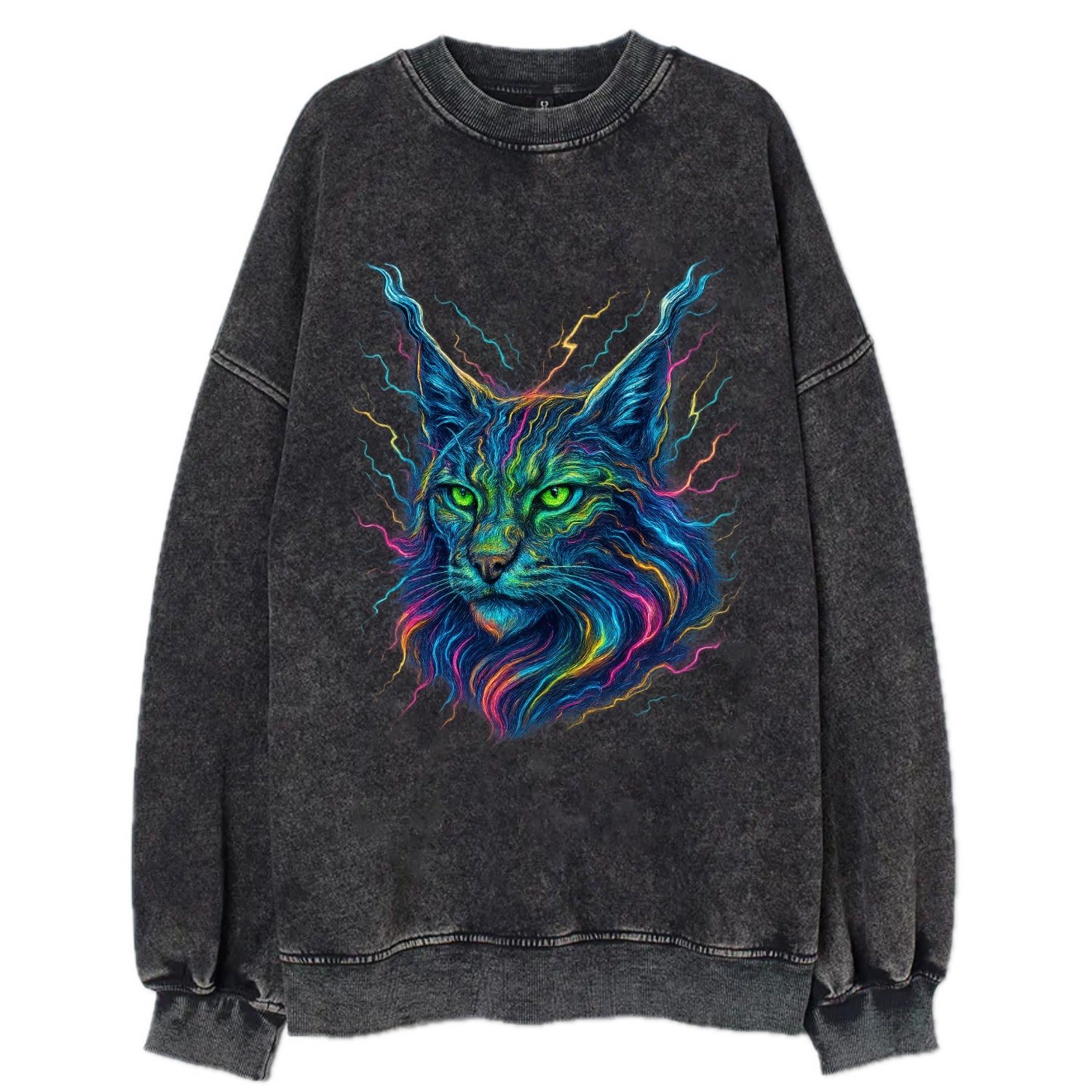 Wild lynx with ear tufts transforming into liquid mercury flows, silver and - Vintage Sweatshirt - Black