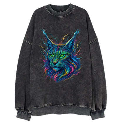 Wild lynx with ear tufts transforming into liquid mercury flows, silver and - Vintage Sweatshirt - Black