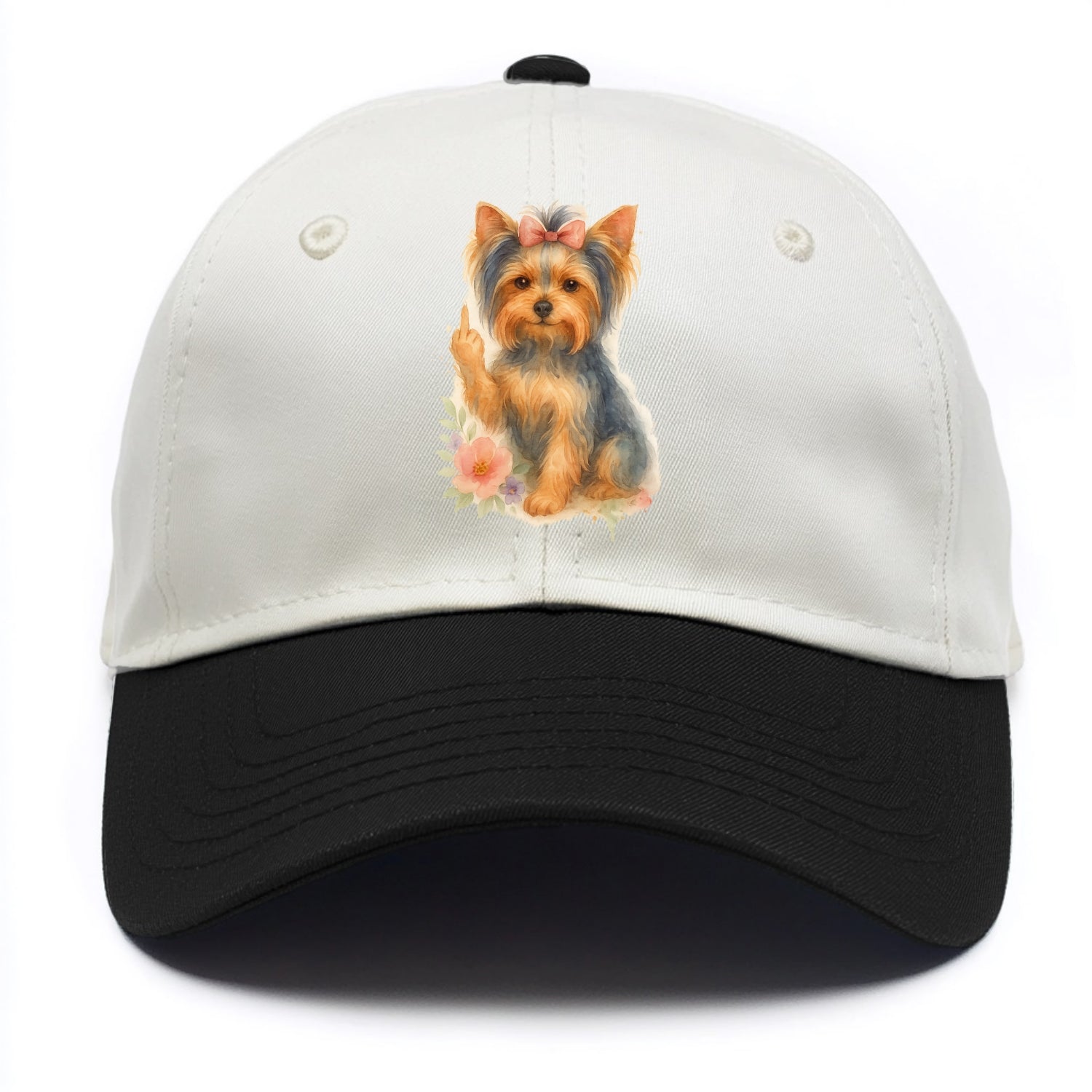 Yorkshire Terrier with topknot bow, one delicate paw flipping off - Two Tone Cap - Black