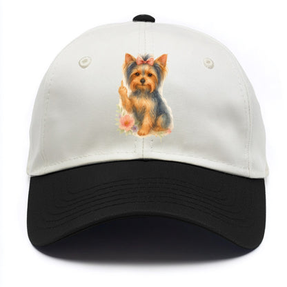 Yorkshire Terrier with topknot bow, one delicate paw flipping off - Two Tone Cap - Black