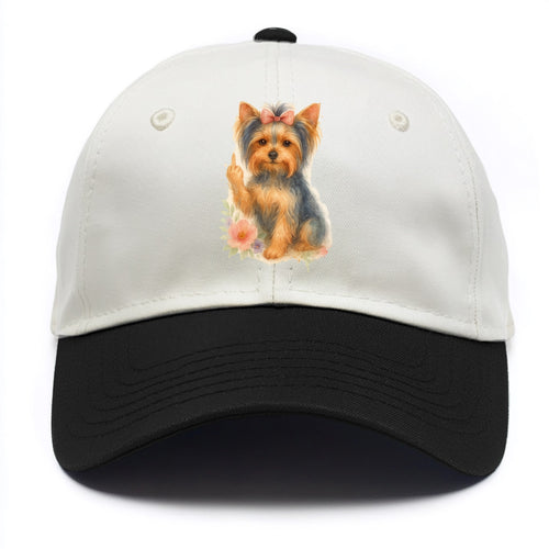Yorkshire Terrier with topknot bow, one delicate paw flipping off - Two Tone Cap