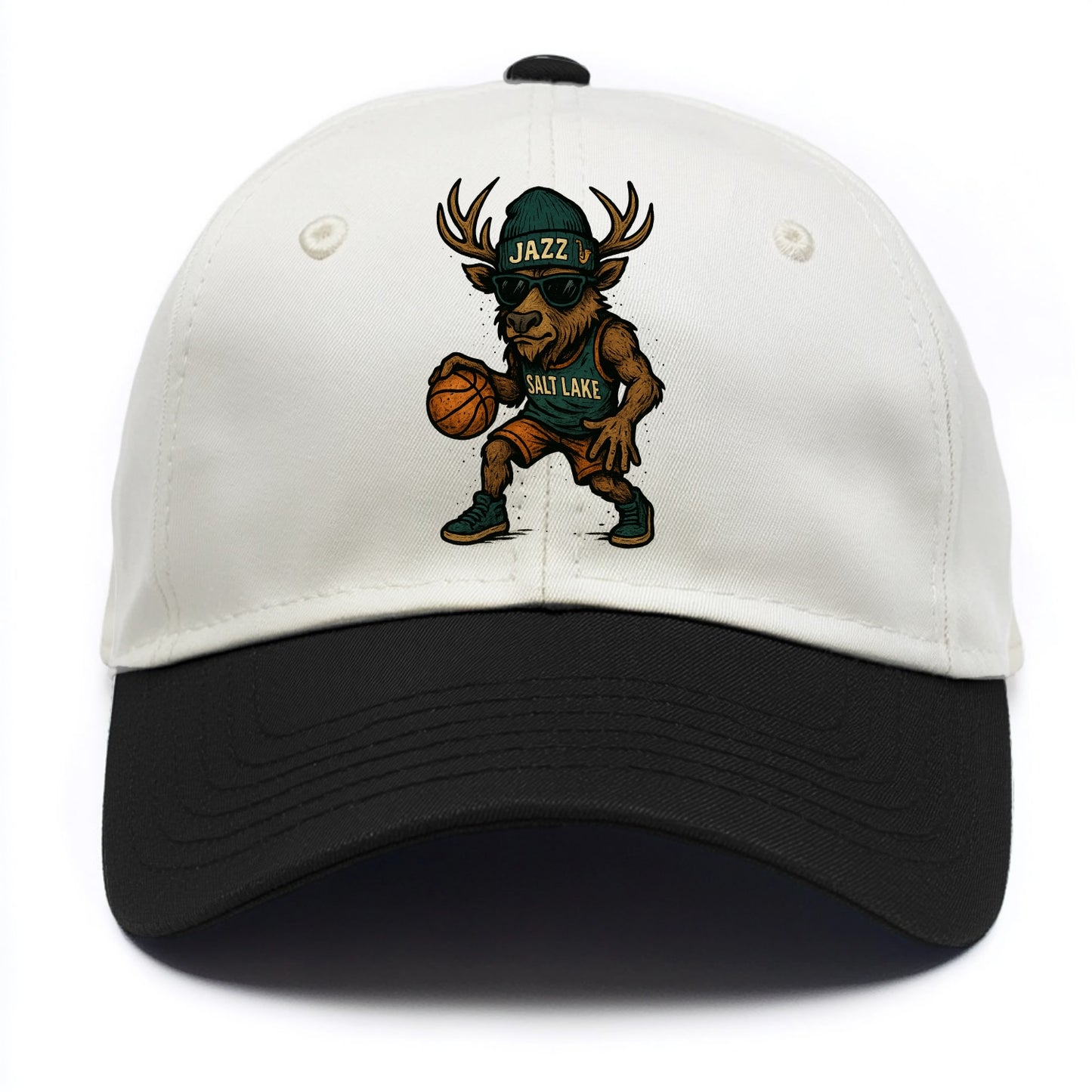 Salt Lake Elk wearing Jazz beanie with saxophone patch and wayfarer sunglasses - Two Tone Cap - Black