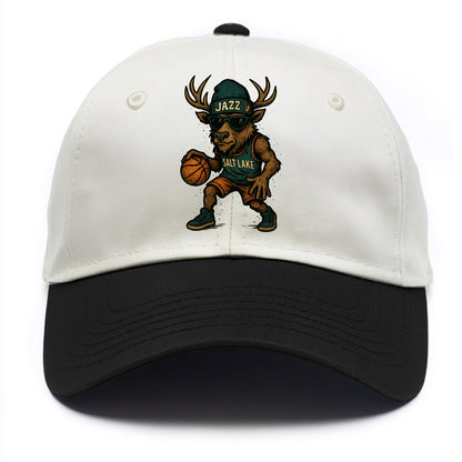 Salt Lake Elk wearing Jazz beanie with saxophone patch and wayfarer sunglasses - Two Tone Cap - Black