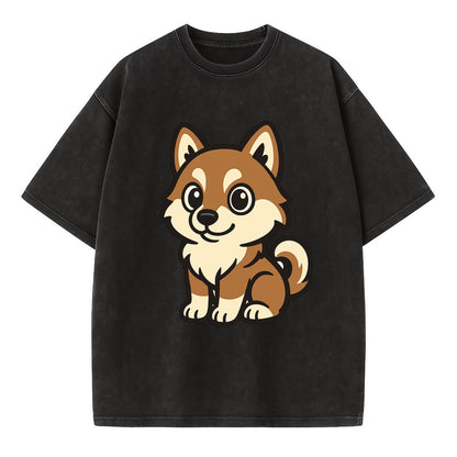 Pomsky - Pomeranian-Husky mix sitting pose - Vintage T-shirt - Black
