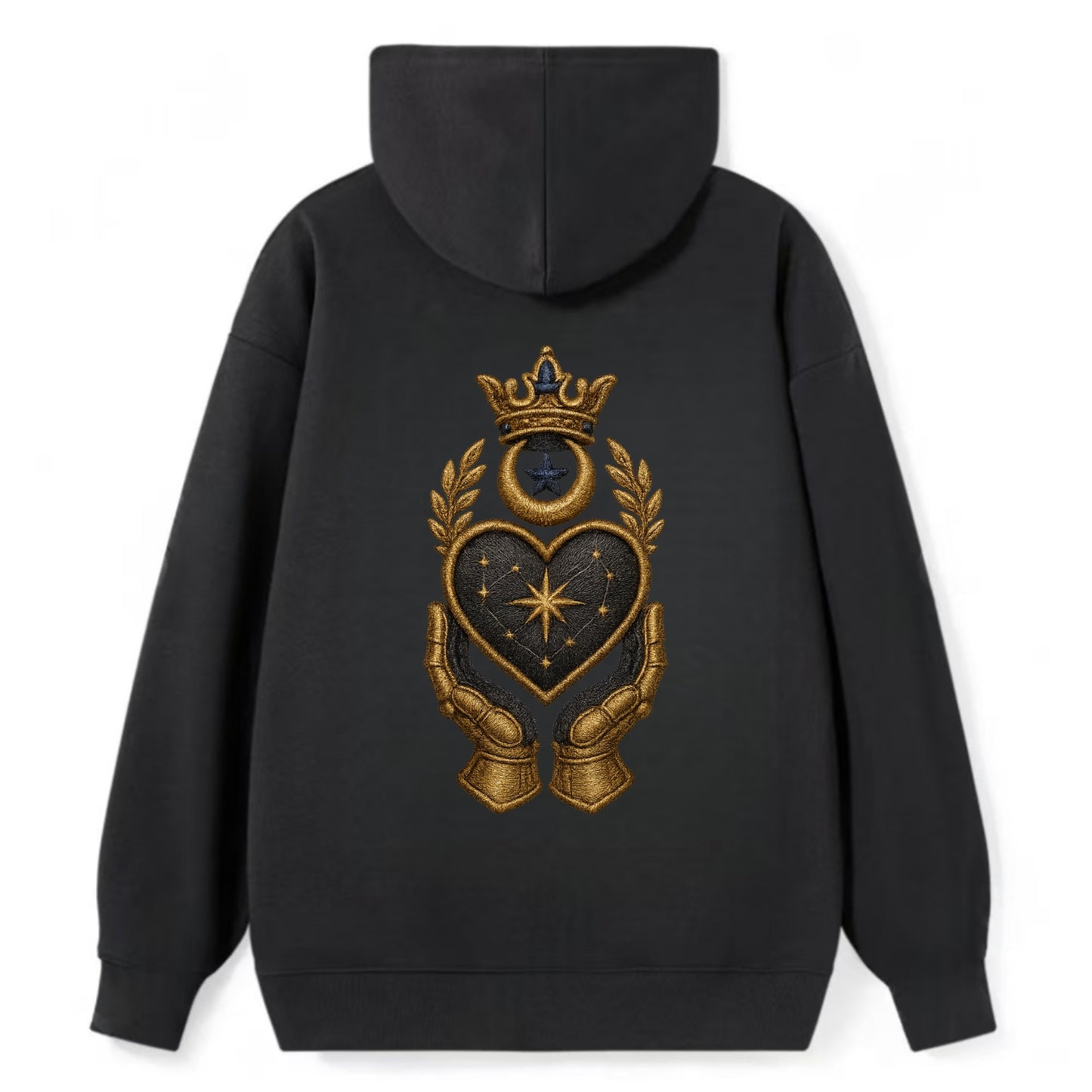 Crowned heart with Art Deco sunburst crown and geometric filigree hands - Classic Pullover Hoodie - Black