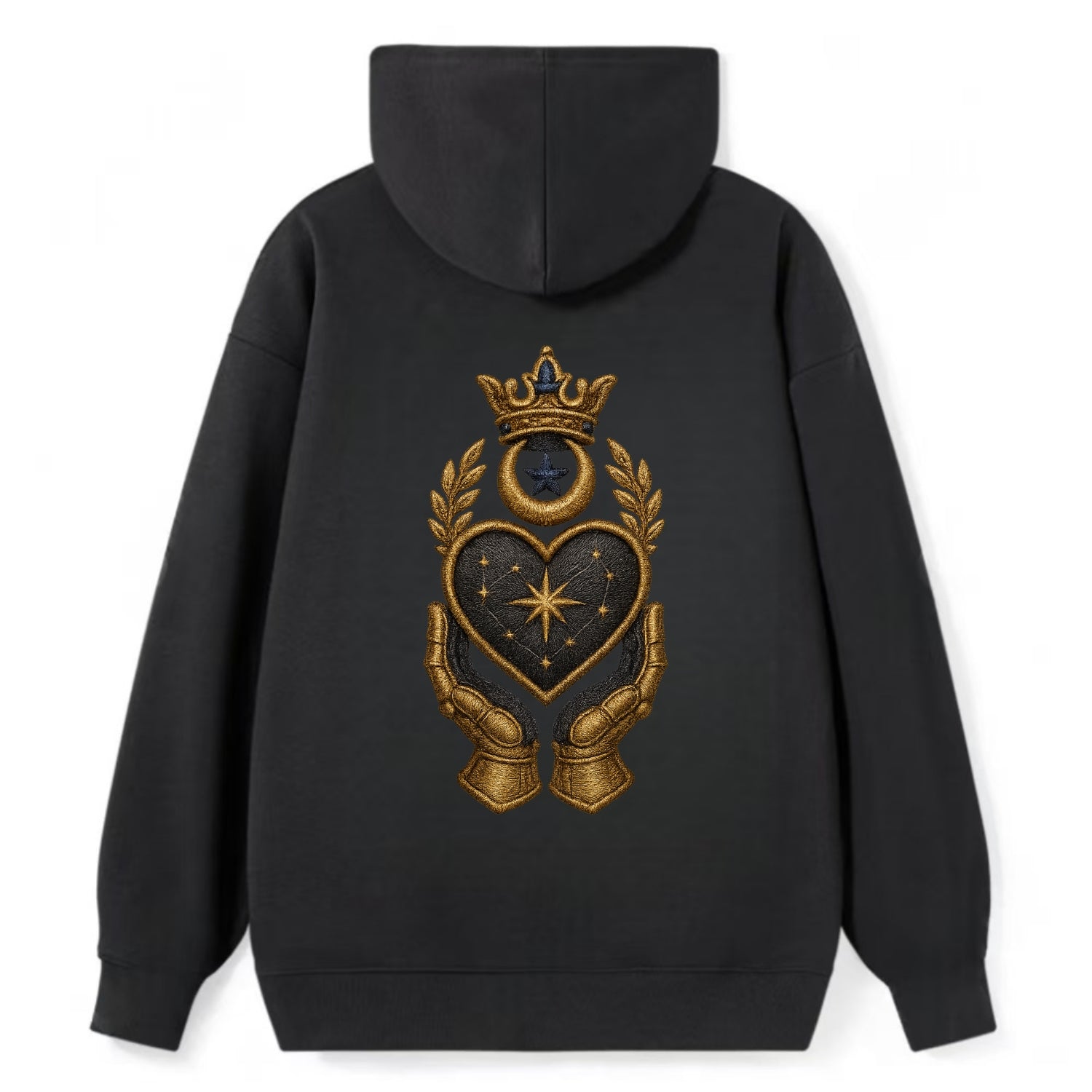 Crowned heart with Art Deco sunburst crown and geometric filigree hands - Classic Pullover Hoodie - Black