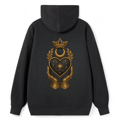 Crowned heart with Art Deco sunburst crown and geometric filigree hands - Classic Pullover Hoodie - Black