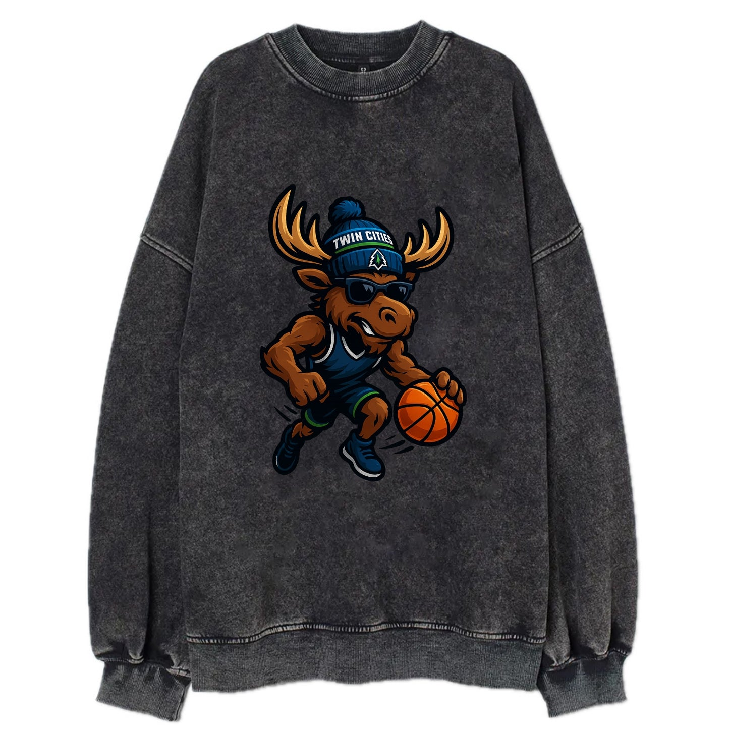 Twin Cities Moose wearing Timberwolves beanie with pine tree patch and - Vintage Sweatshirt - Black