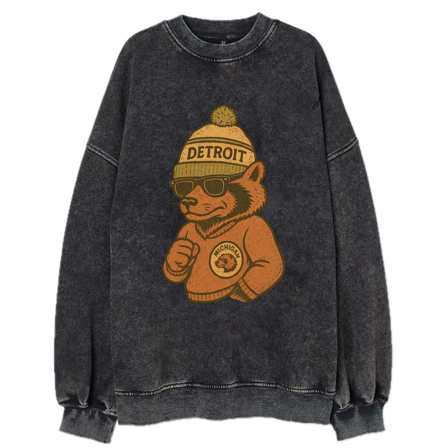 Michigan Wolverine wearing Detroit beanie with pom pom and wayfarer sunglasses - Vintage Sweatshirt - Black