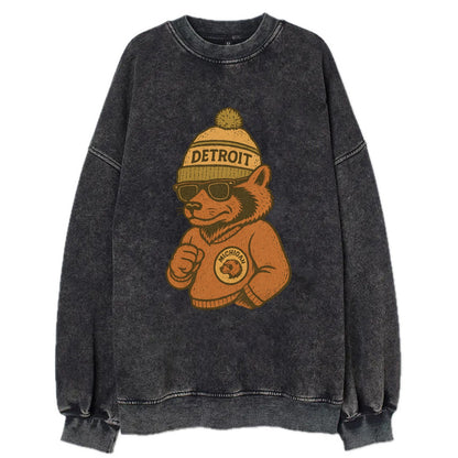 Michigan Wolverine wearing Detroit beanie with pom pom and wayfarer sunglasses - Vintage Sweatshirt - Black