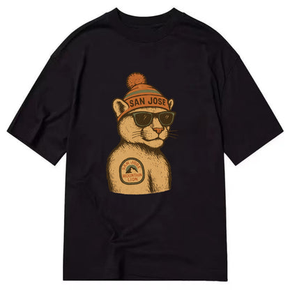 San Jose Mountain Lion wearing San Jose beanie with pom pom and wayfarer - Classic T-shirt - Black