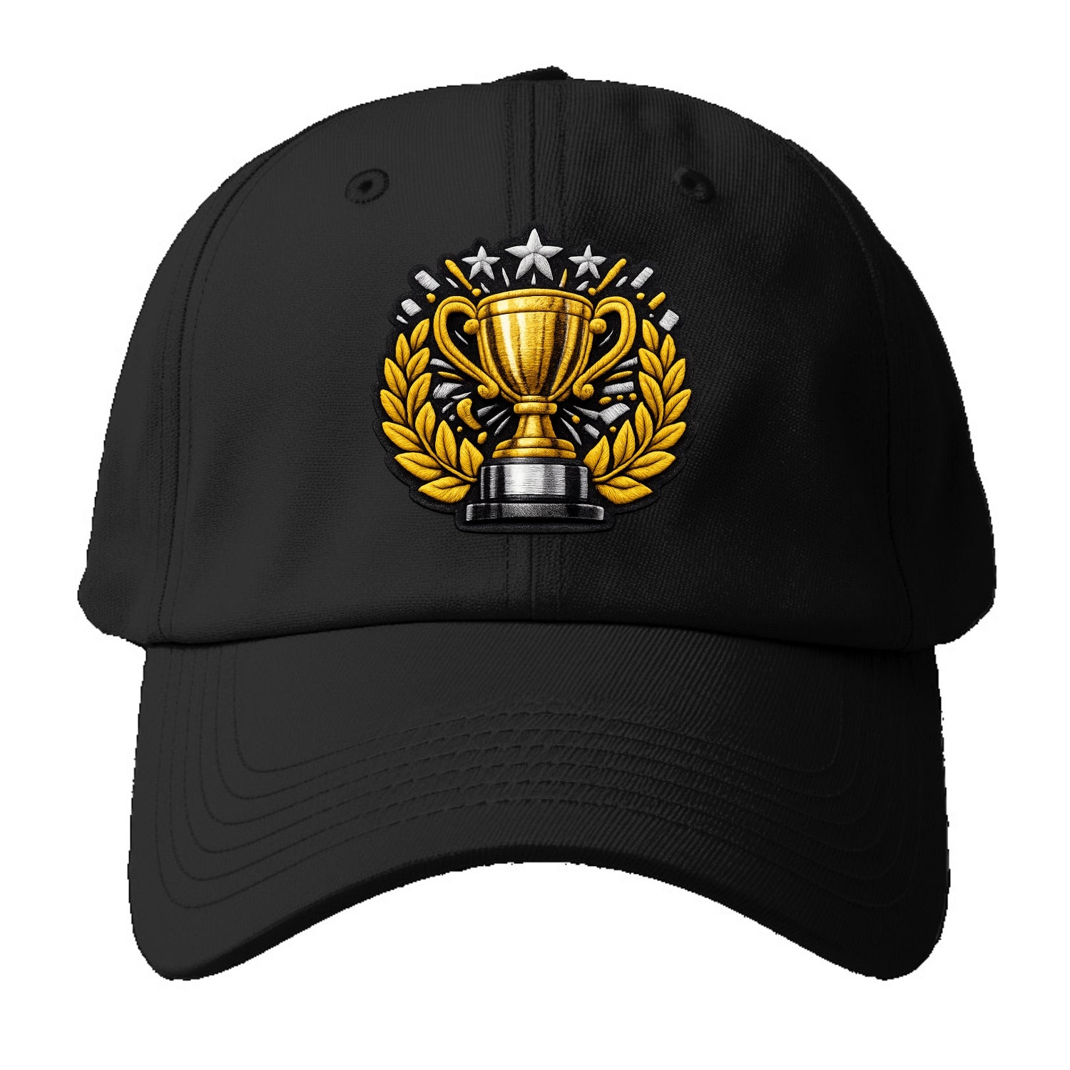 Embroidered patch design - CHAMPIONSHIP TROPHY - golden trophy cup with laurels in - Baseball Cap - Black