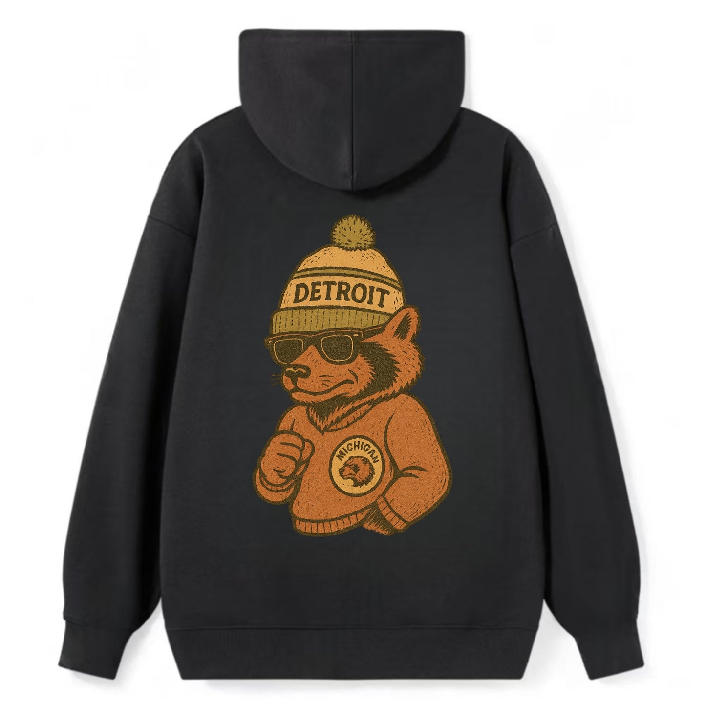 Michigan Wolverine wearing Detroit beanie with pom pom and wayfarer - Classic Pullover Hoodie - Black