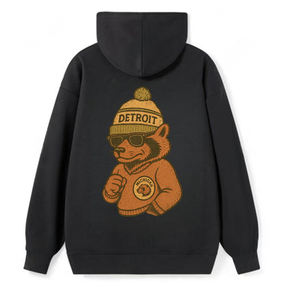 Michigan Wolverine wearing Detroit beanie with pom pom and wayfarer - Classic Pullover Hoodie - Black
