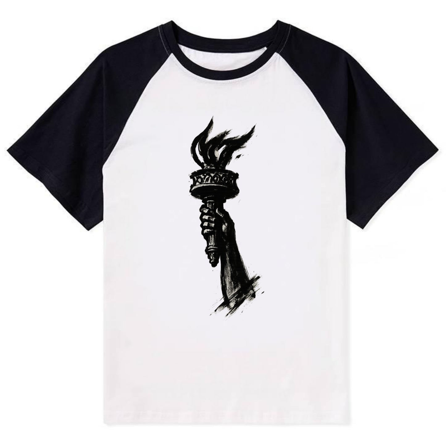 Statue of Liberty torch - freedom and democracy ink painting - Contrast Raglan T-shirt - Black