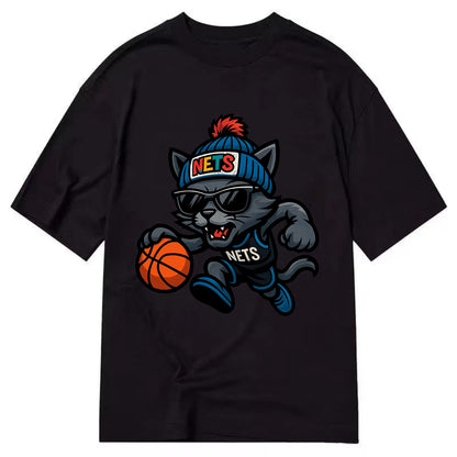 Brooklyn Cat wearing Nets beanie with street art patch and wayfarer sunglasses - Classic T-shirt - Black