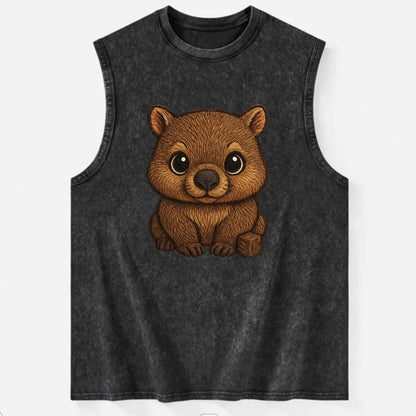 Baby Wombat - brown fur, square nose, small ears, dark eyes, front-facing, - Vintage Washed Tank - Black