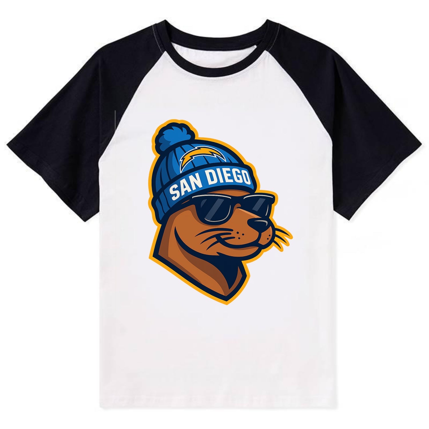 San Diego Sea Lion wearing Chargers beanie with bolt patch and wayfarer - Contrast Raglan T-shirt - Black