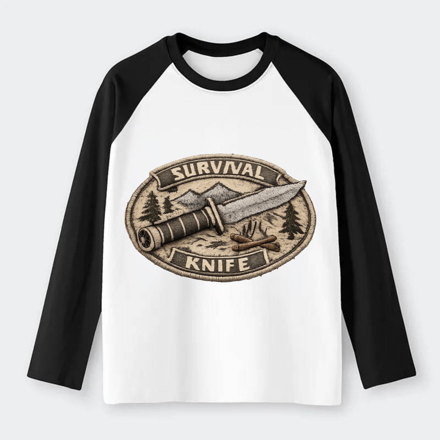 SURVIVAL KNIFE - fixed blade with compass in silver and black , - Raglan Long Sleeve T-Shirt - Black