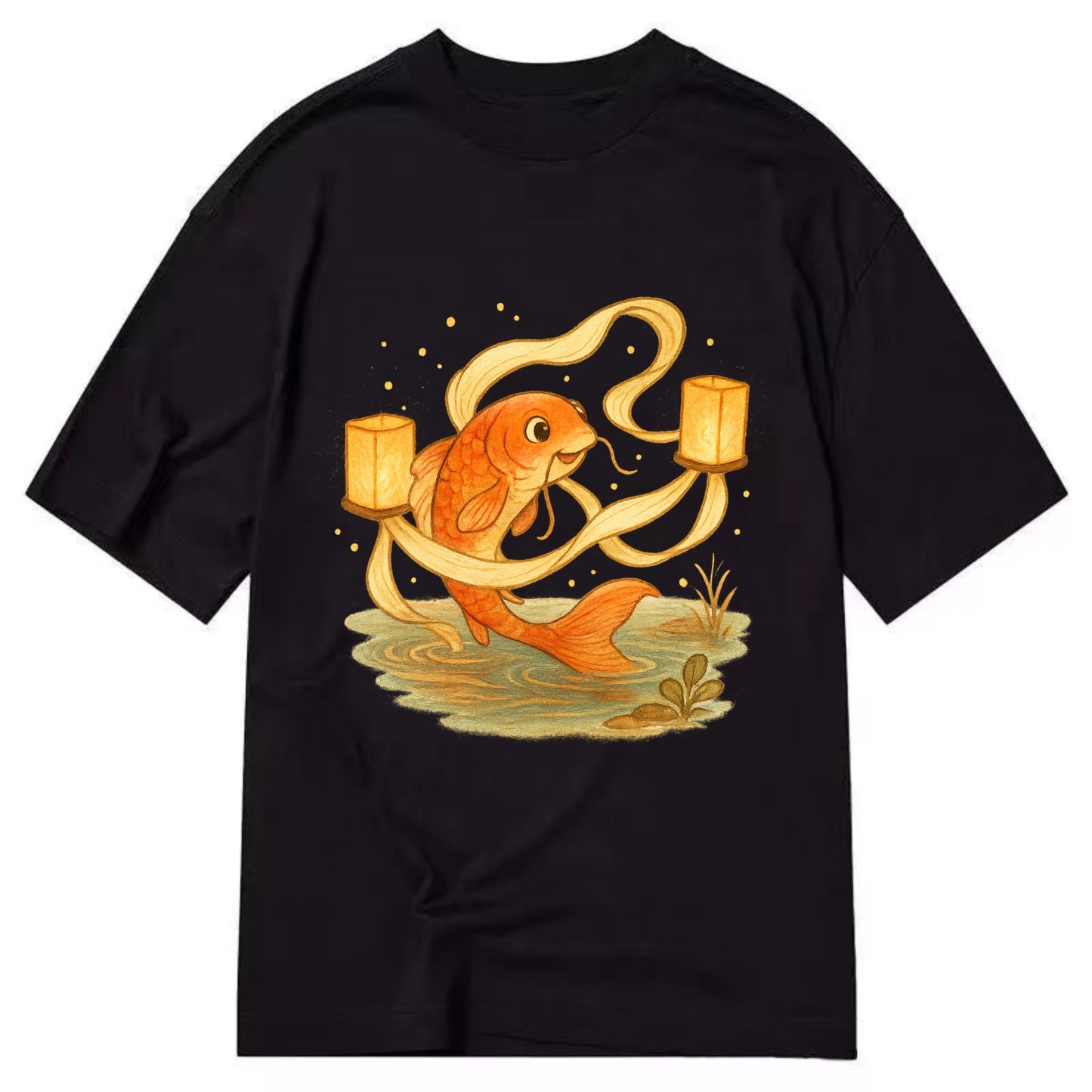 Koi weaving silk streamers through floating lanterns on tranquil water - Classic T-shirt - Black