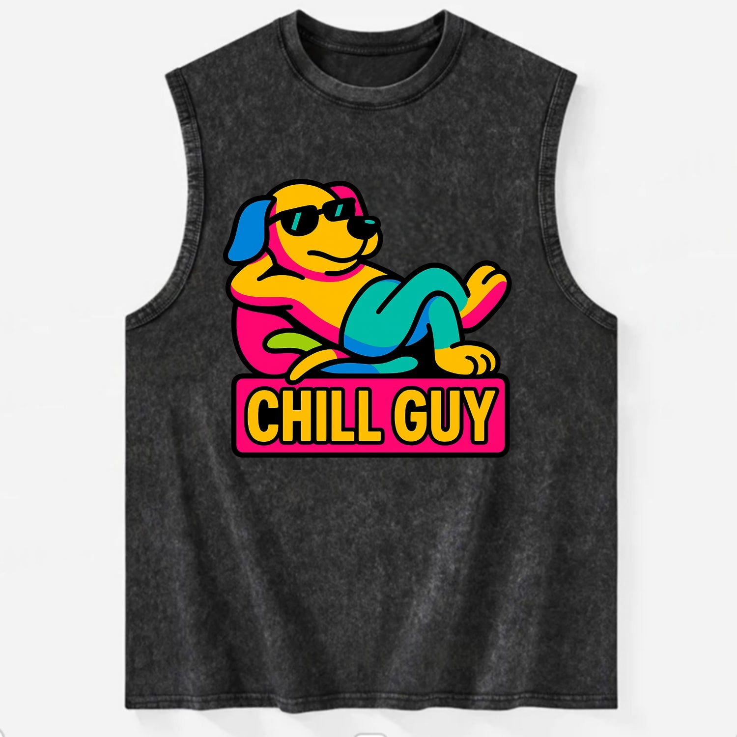 Super relaxed dog character lounging unbothered - "Chill Guy" meme energy, - Vintage Washed Tank - Black
