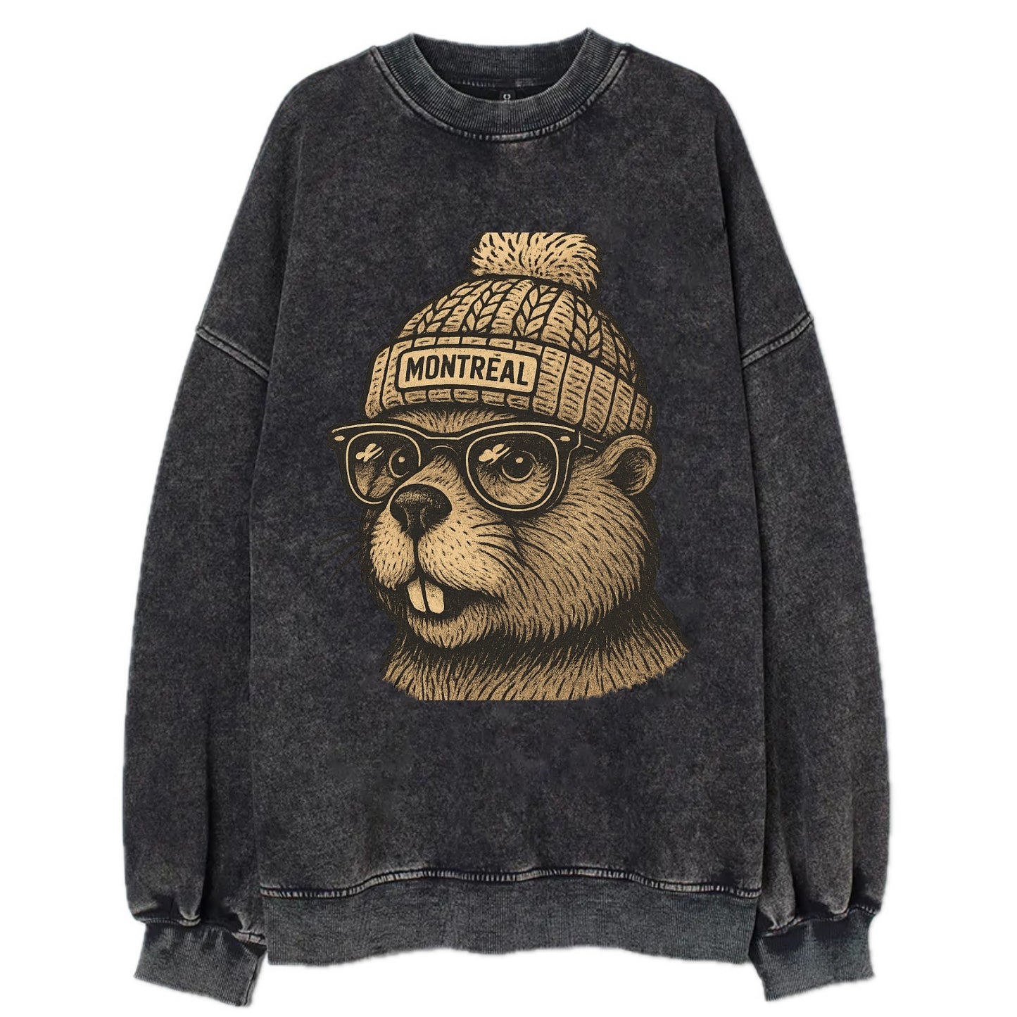 Montreal Beaver wearing Montreal beanie with pom pom and wayfarer sunglasses - Vintage Sweatshirt - Black