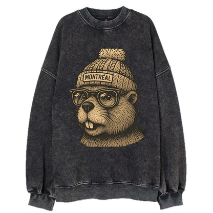 Montreal Beaver wearing Montreal beanie with pom pom and wayfarer sunglasses - Vintage Sweatshirt - Black