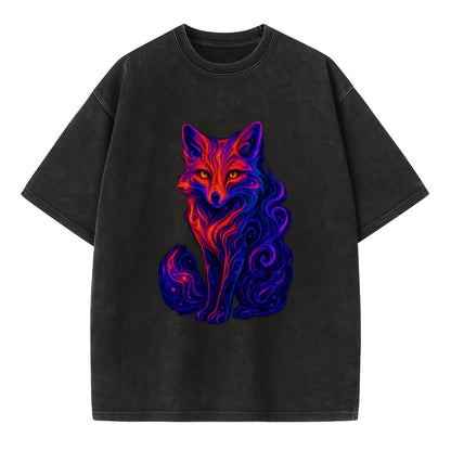Clever fox with tail dissolving into cosmic nebula swirls, orange to purple - Vintage T-shirt - Black