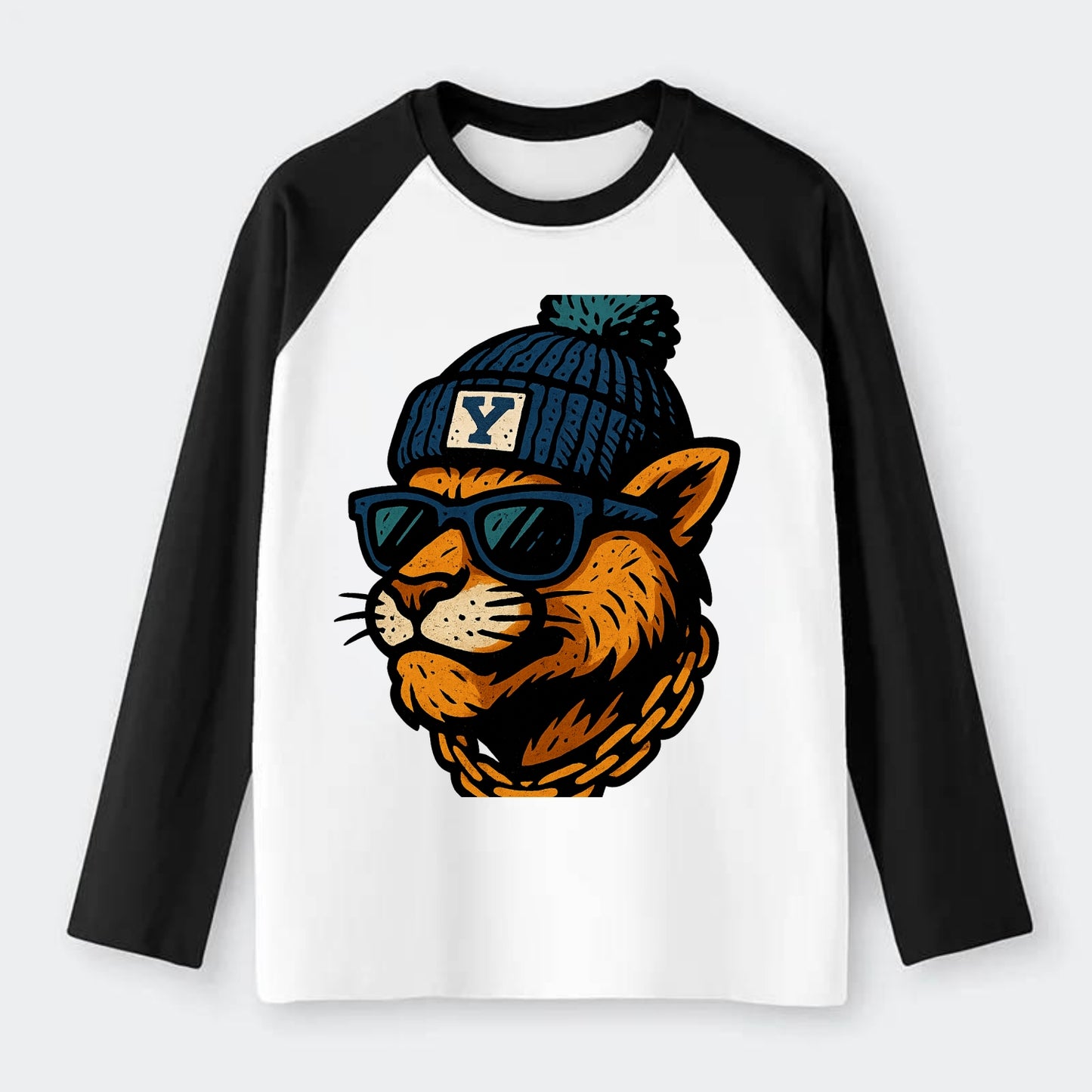 Provo Cougar wearing BYU beanie with Y patch - Raglan Long Sleeve T-Shirt - Black