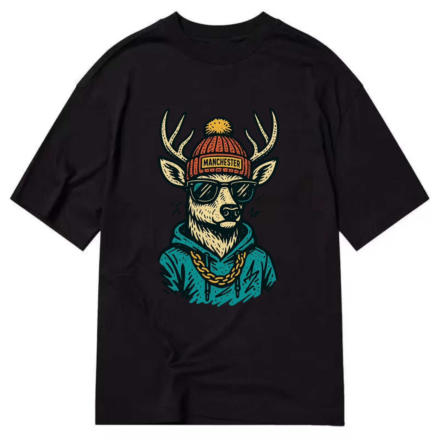 New Hampshire White-tailed Deer wearing Manchester beanie with pom pom and - Classic T-shirt - Black